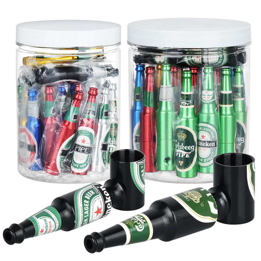 Beer Bottle Aluminum Hand Pipe | Assorted Designs | 30ct Jar