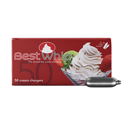 Best Whip Cream Chargers 50pc box, front view with whipped cream and strawberry imagery