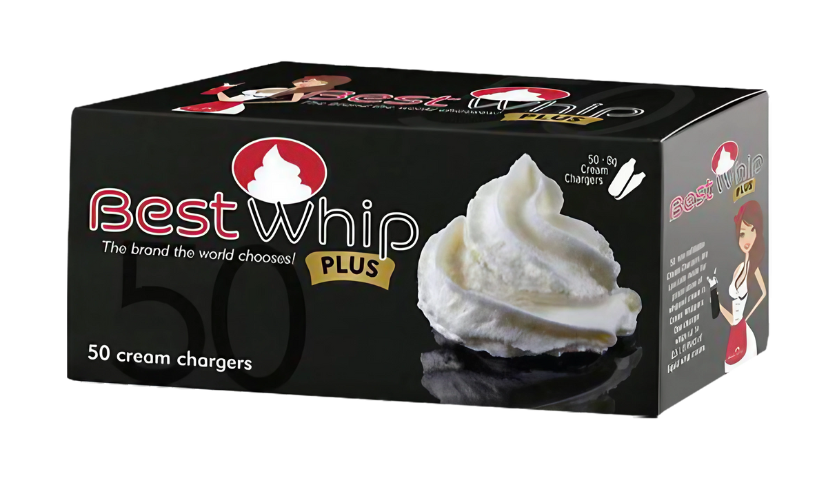 Best Whip Plus Cream Chargers 50 Pack Display Box with whipped cream illustration