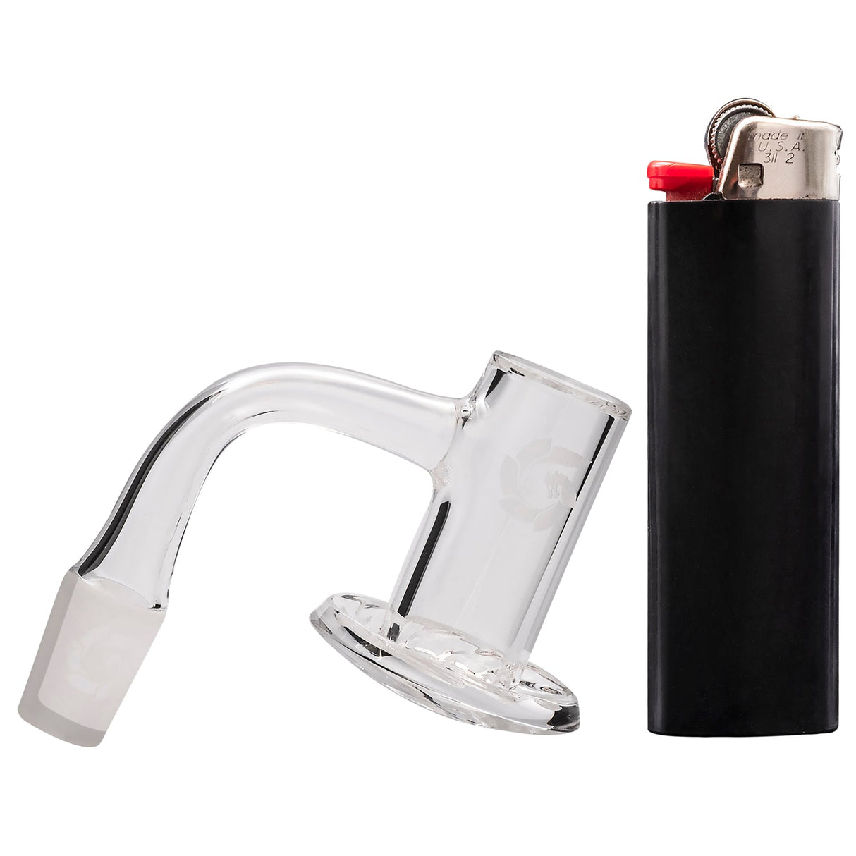 Glasshouse Bevel Top Hurricane Quartz Banger, 25mm Cup, Male Joint Side View with Lighter