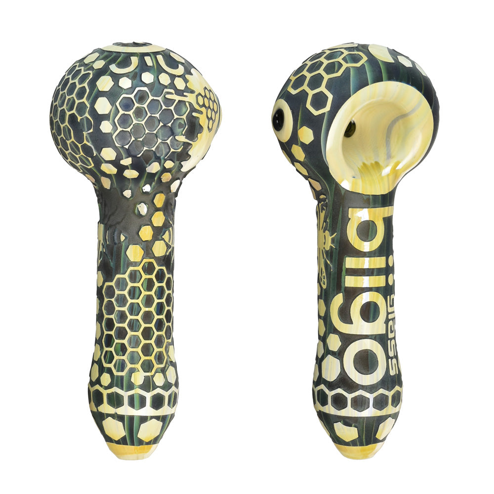 BIIGO 4.5" Honeycomb In Relief Spoon Pipe, Black/Yellow Borosilicate Glass, Front and Side Views