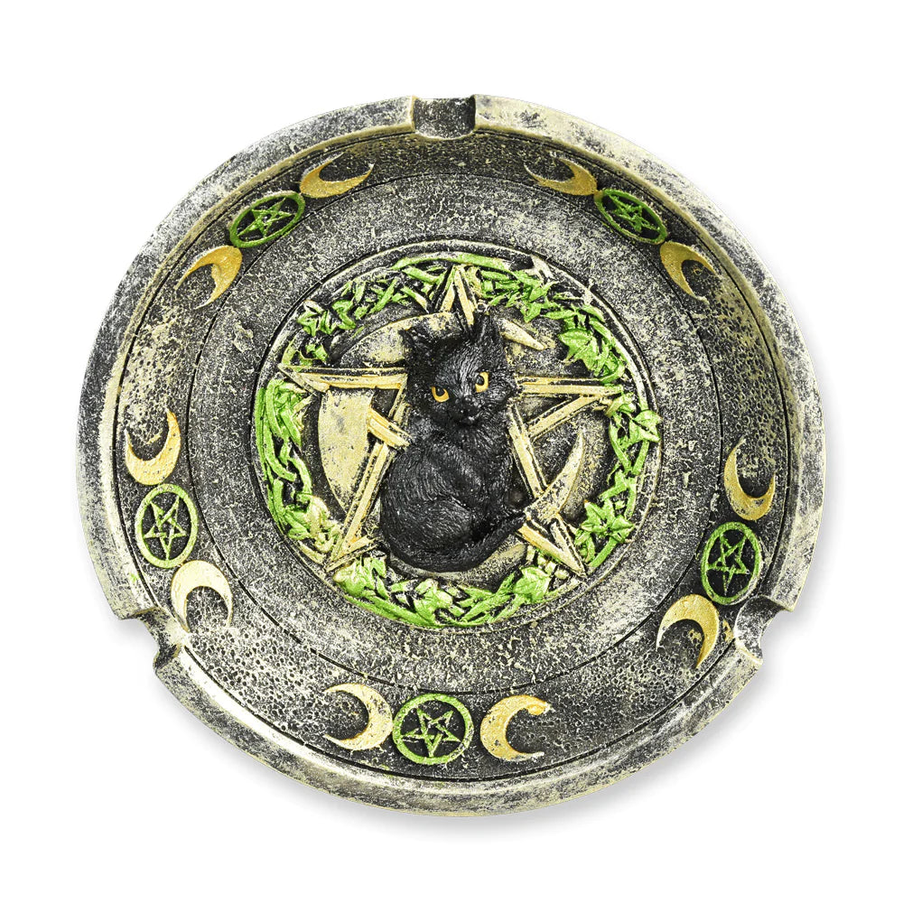 Black Cat Pentagram Incense Burner/Ashtray, Polyresin, Top View, Novelty Design