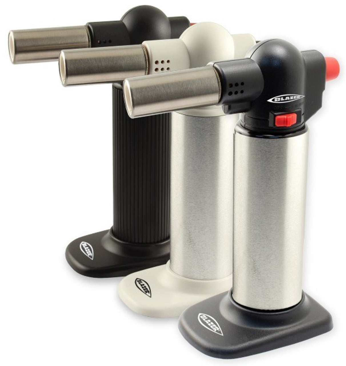 Blazer Big Buddy Torches in various colors with stable bases and precision flames for dab rigs