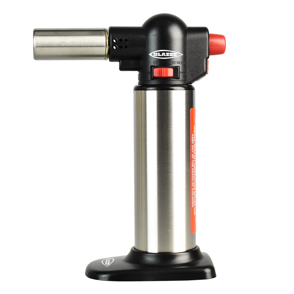 Blazer Big Buddy Torch Lighter in Stainless Steel, front view on white background, portable design for dab rigs