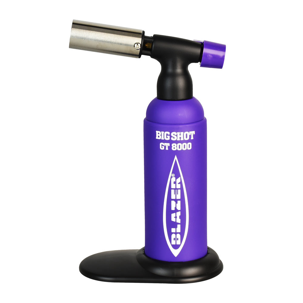 Blazer Big Shot Torch Lighter in Purple - Front View on Stand, Ideal for Dab Rigs