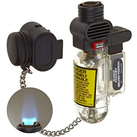Blazer THE Torch PB207CR portable butane lighter with flame and protective cap, side view