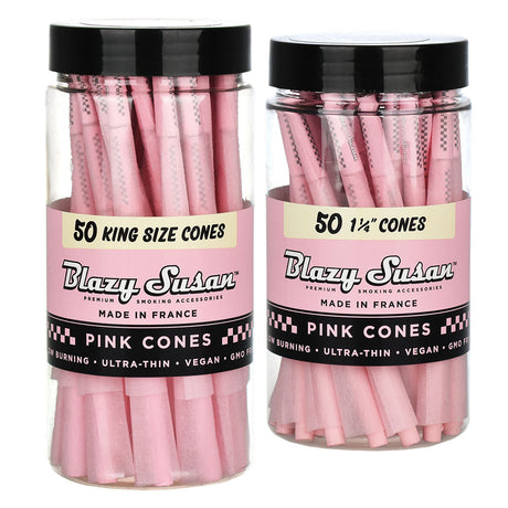 Blazy Susan Pink Pre-Rolled Cones, 50 pack, displayed in clear jars on white background