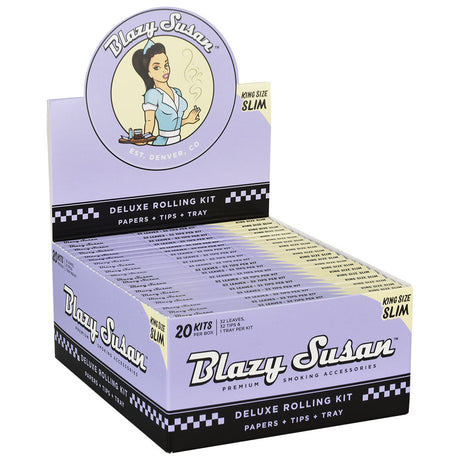 Blazy Susan Purple Deluxe Rolling Kit display box with 20 packs of king size slim papers