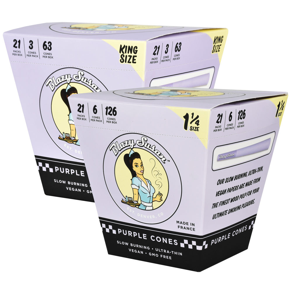 Blazy Susan Purple Pre-Rolled Cones display box, 21-pack, French-made, for dry herbs