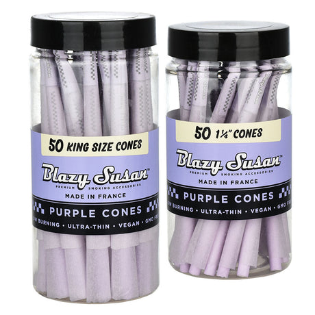 Blazy Susan Purple Pre-Rolled Cones in clear containers, 50pk King Size and 1 1/4 Size, front view