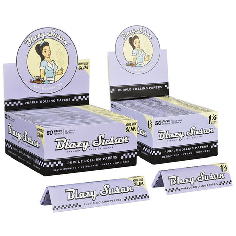 Blazy Susan King Size Purple Rolling Papers display box and individual packs