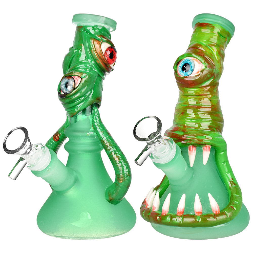 Bleary Eyed Beastie 3D Painted Beaker Water Pipe in Black, Dual Side View, 7.5 inch