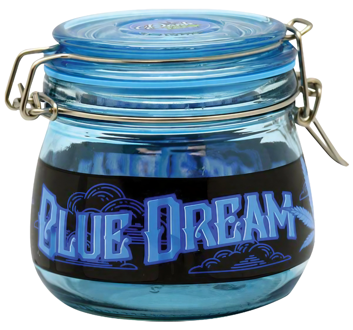 Blue Dream Strain Borosilicate Glass Jar with Closable Lid for Dry Herbs, Front View