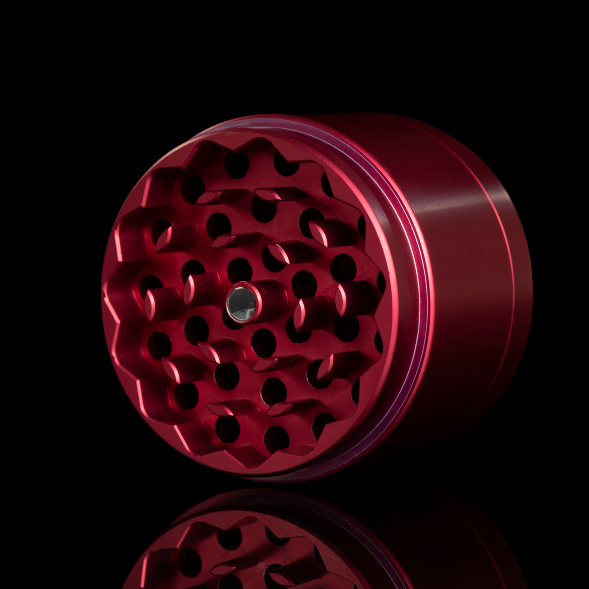 BLUEBUS 4 Piece 2.2" Aluminum Grinder in Red, Magnetic Closure, for Dry Herbs, Angled View
