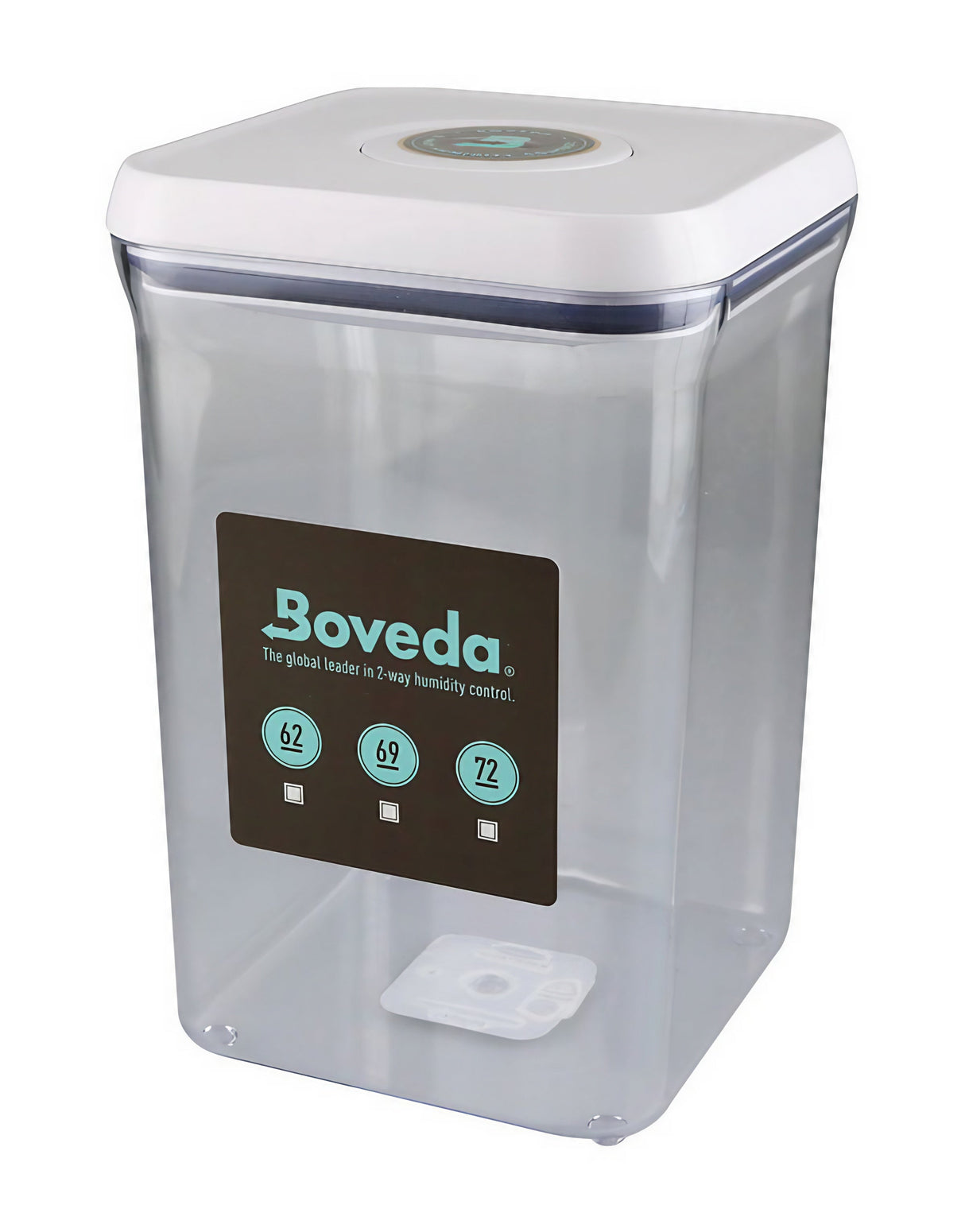Boveda Display Container front view, clear for 4g/8g packs, for maintaining herb freshness