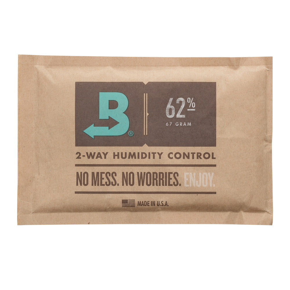 Boveda Humidipak 62% front view, 2-way humidity control packet for freshness