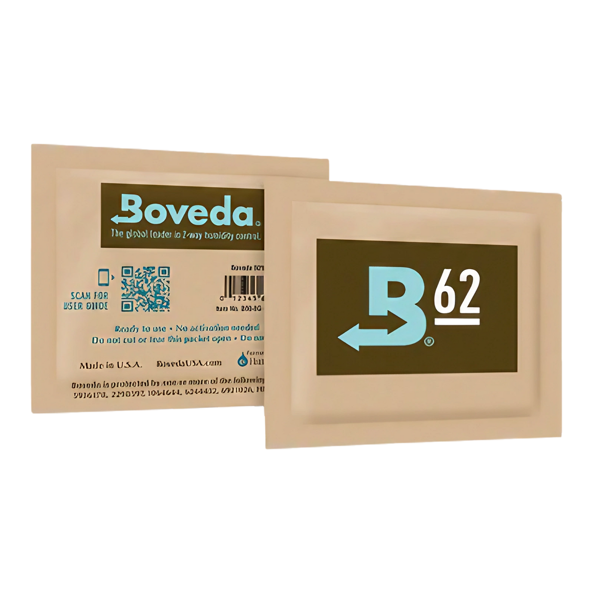 Boveda 62% Humidity Control Pack front view on white background for preserving dry herbs
