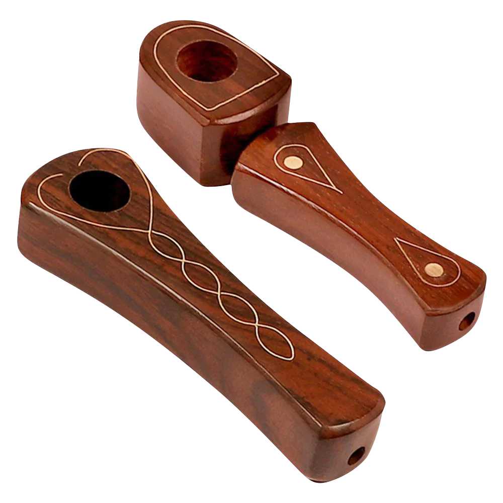 Brass Inlaid Wood Spoon Pipe, 3.75" Portable Design, Top and Side Views