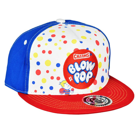Brisco Brands Blow Pop themed black snapback hat with colorful polka dots, front view