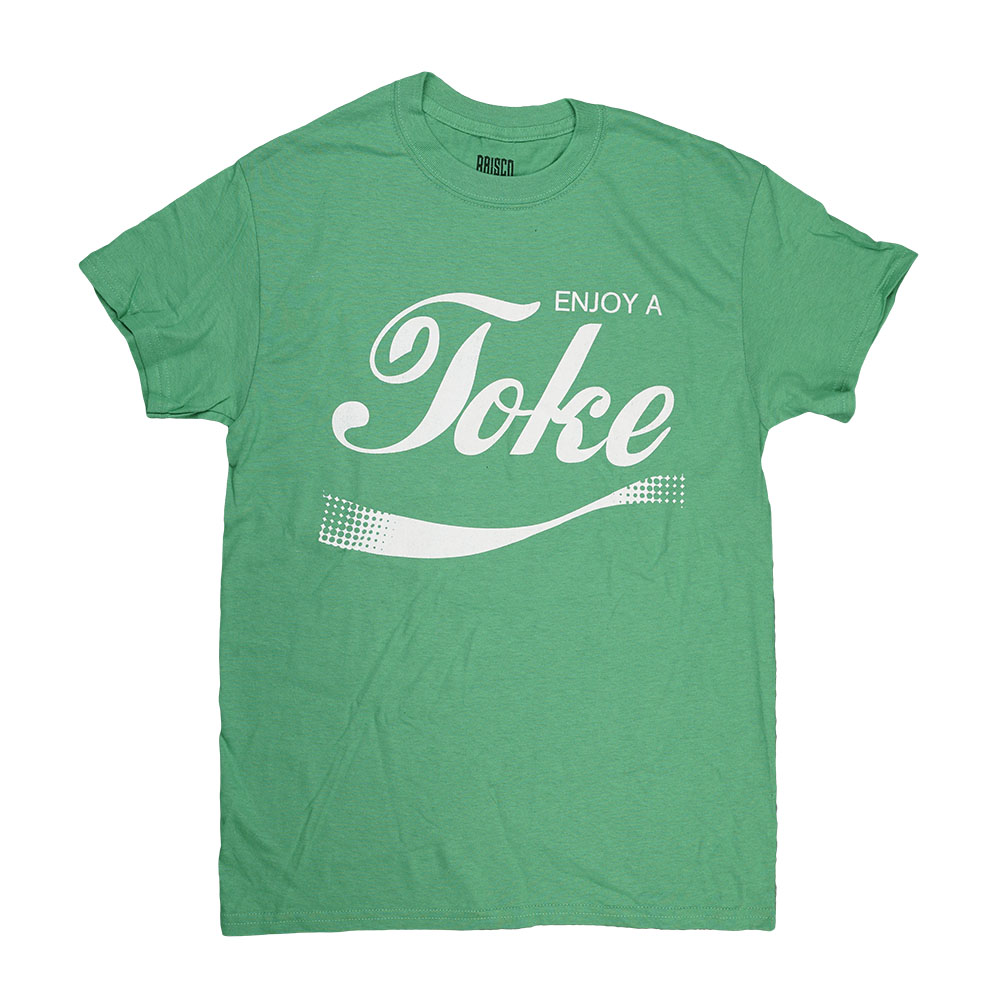 Brisco Brands green cotton t-shirt with 'Enjoy A Toke' print, front view on white background