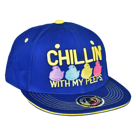 Brisco Brands blue snapback hat with 'CHILLIN WITH MY PEEPS' front embroidery