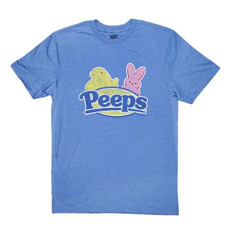 Brisco Brands blue Peeps T-shirt with yellow and pink bunny design, USA made cotton, front view