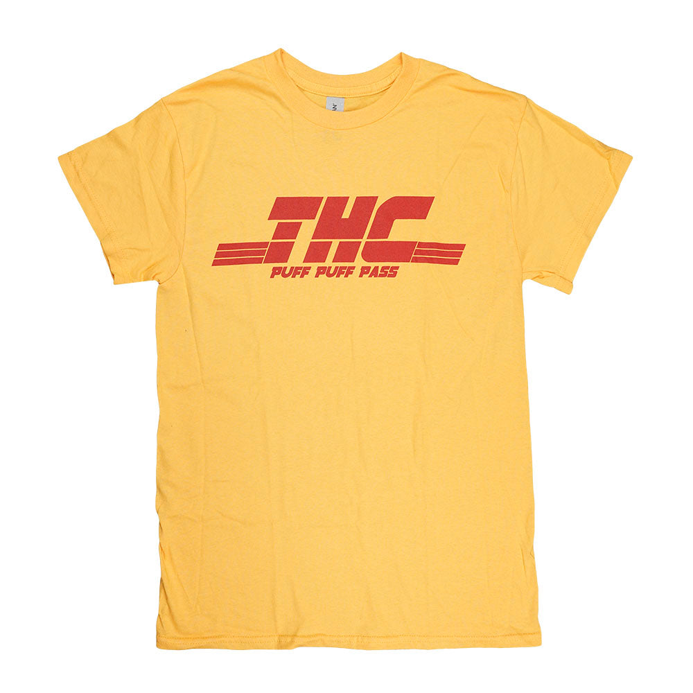 Brisco Brands yellow THC Puff Puff Pass T-Shirt, USA cotton, front view on white