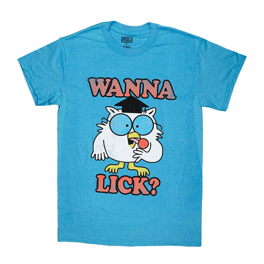 Brisco Brands blue Tootsie Roll Pop T-shirt with cartoon owl graphic, unisex cotton tee front view