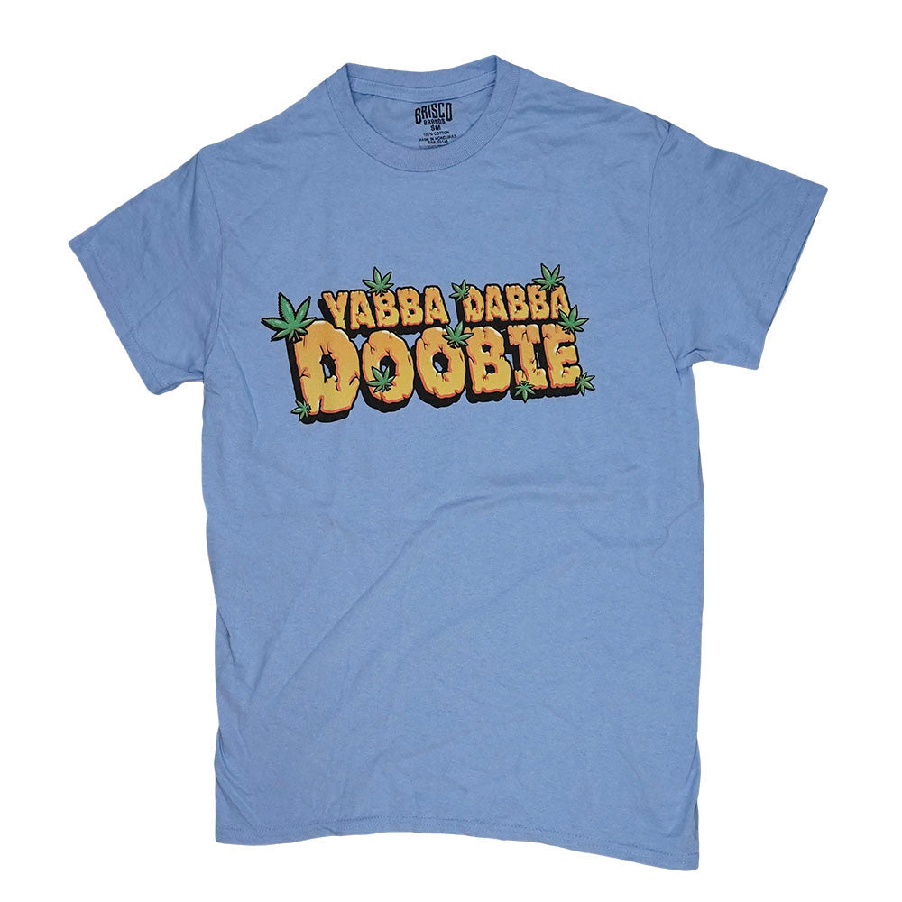 Brisco Brands blue T-shirt with Yabba Dabba Doobie print, front view on white background