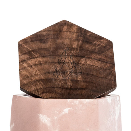BRNT Designs Malua Stash Jar in Pink Marble, Hexagonal Wooden Lid with Engraved Logo, Close-up