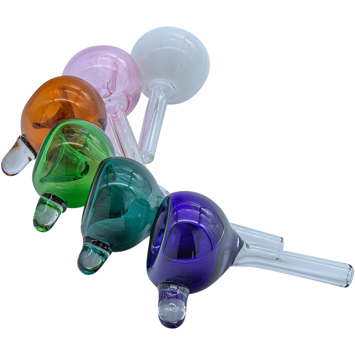 Assorted colors LA Pipes Bubble Bowl Pull-Stem Slides for bongs, borosilicate glass, top view