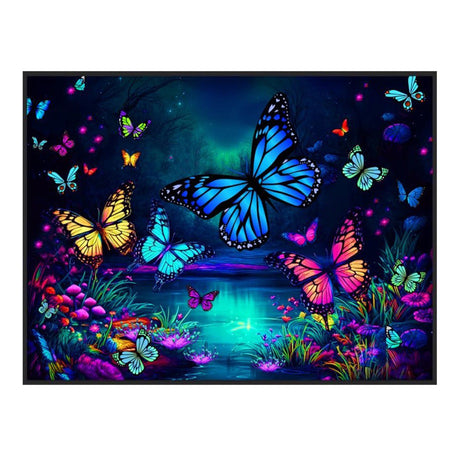 Black Light Reactive Butterfly World Tapestry with Vivid Colors - 81"x53" Front View