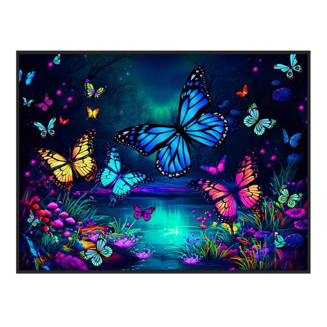 Black Light Reactive Butterfly World Tapestry with Vivid Colors - 81"x53" Front View