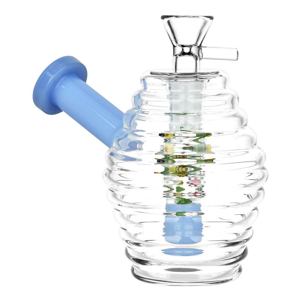 Buzzin' Bee Hive Glass Water Pipe, 4" 14mm F, bubble design with blue accents, clear borosilicate glass