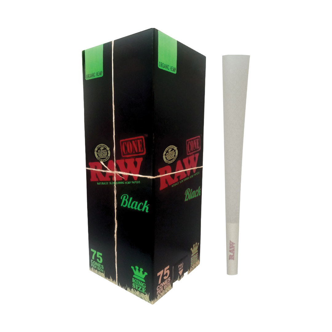RAW Black Organic Hemp King Size Pre-Rolled Cones 75pc Box front view with one cone displayed