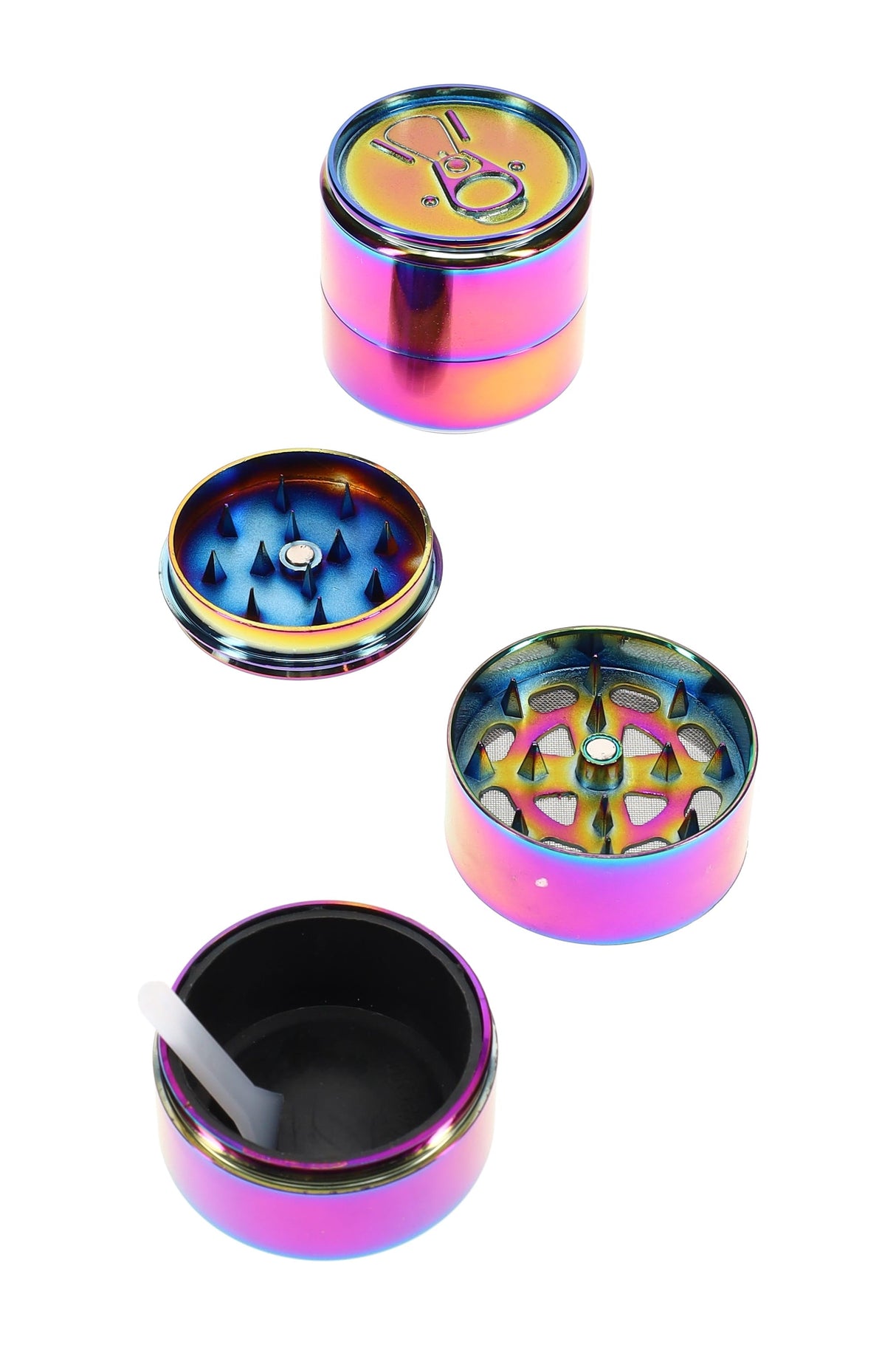 Rainbow Metal 3-Part Soda Can Herb Grinder “Pop-Top” – 1½″