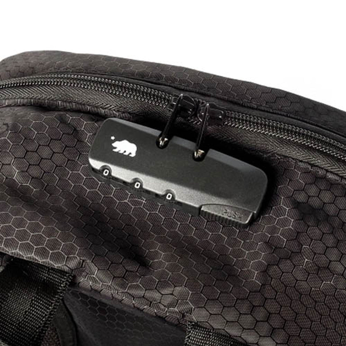Close-up of Cali Backpack® Standard zipper and logo, showcasing durable, smell-proof material.