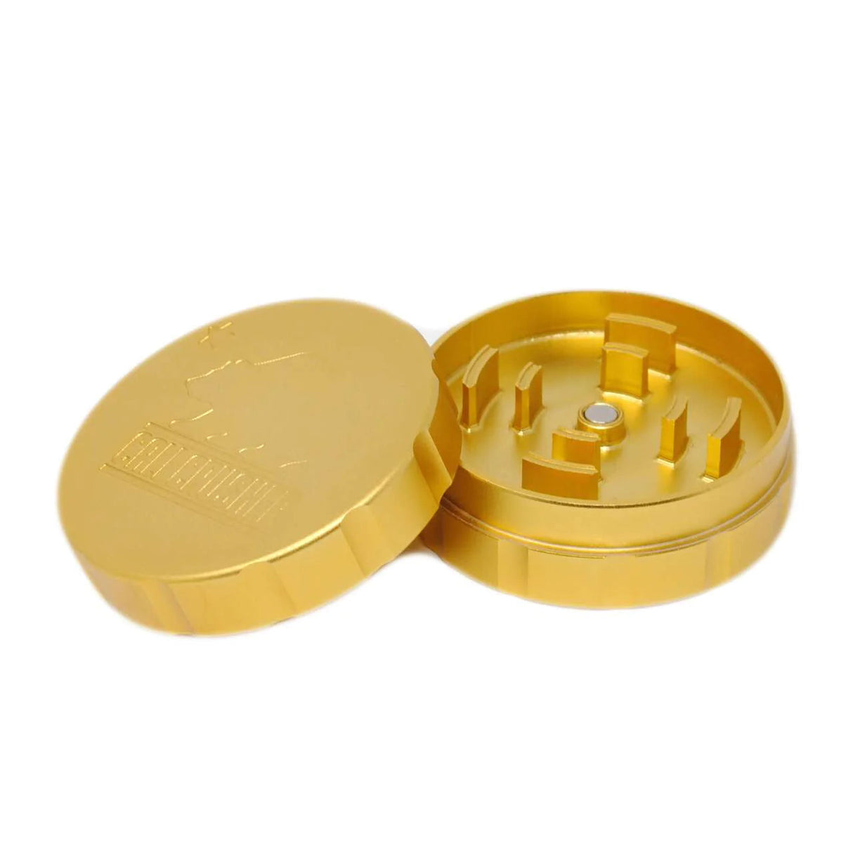 Cali Crusher 2.0 - 2 Piece Aluminum Grinder in Gold, Open View Showing Teeth