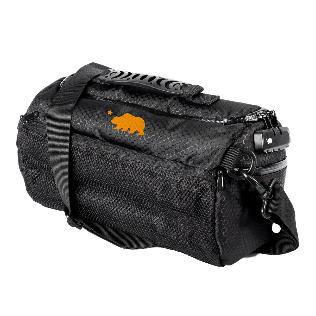 Cali Crusher Cali Duffle 12" Standard in Black/Orange, side view on white background