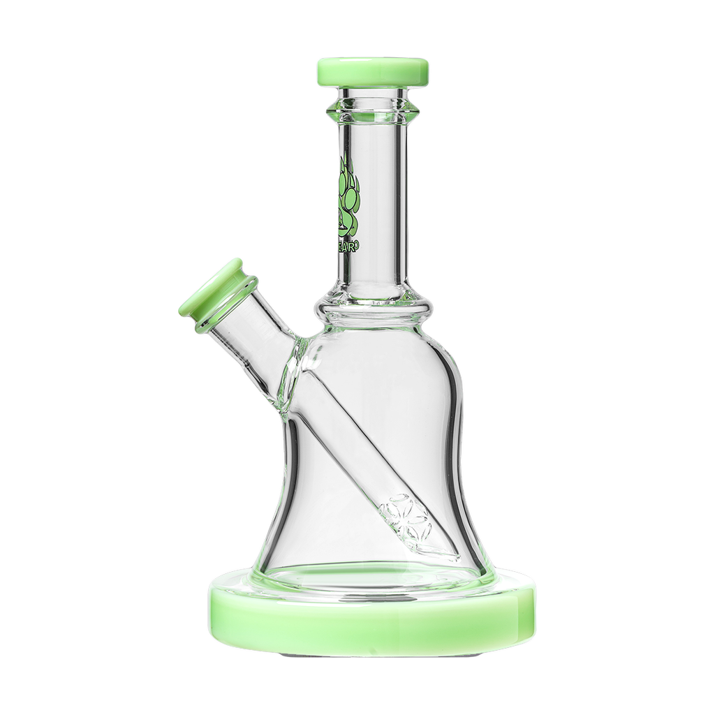Calibear Bell Rig in clear borosilicate glass with green accents, compact 6" height, front view