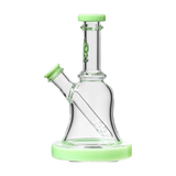 Calibear Bell Rig in clear borosilicate glass with green accents, compact 6" height, front view