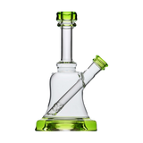 Calibear Bell Rig in clear glass with green accents, compact 6" height, 14mm joint, front view