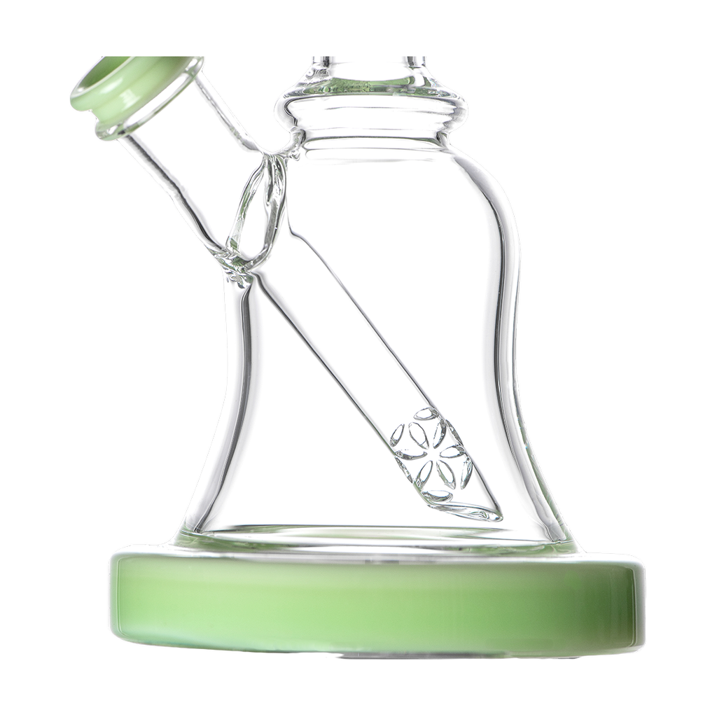 Calibear Bell Rig clear with green accents, compact 6" borosilicate glass dab rig, side view