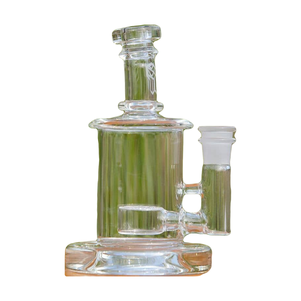 Calibear Colored Mini Can Dab Rig in Clear - Side View on Wooden Surface