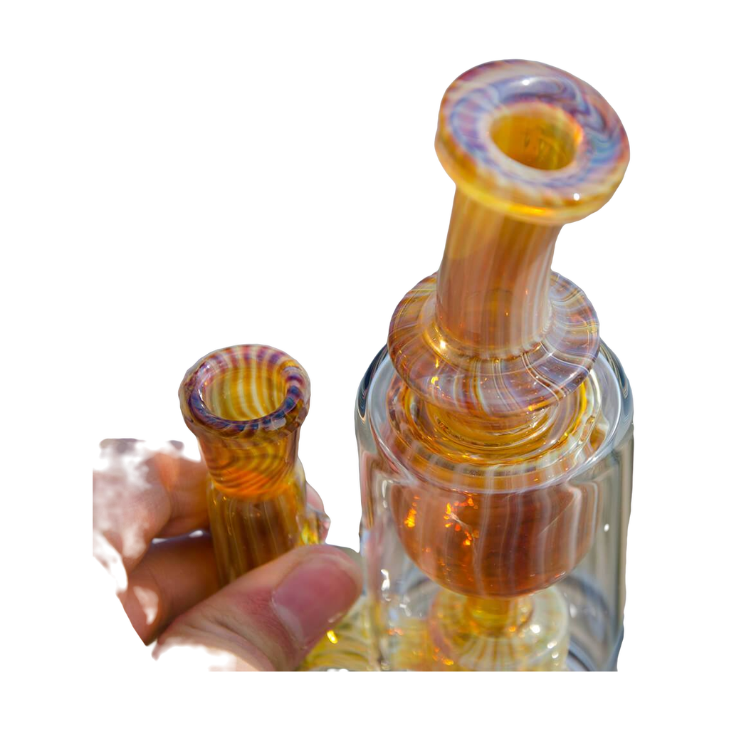Close-up of Calibear Colored Torus Recycler Bong with Purple Accents and Quartz Material