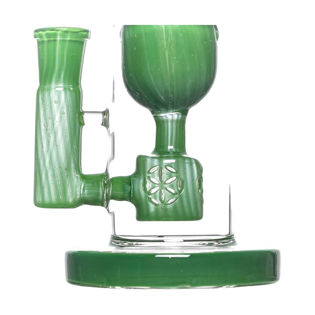 Calibear Colored Torus Bong in vibrant green, 8" Recycler design, with Quartz bowl - front view