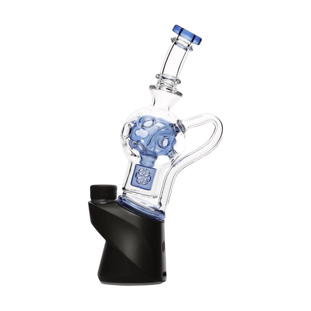 Calibear Exosphere Puffco Peak Glass Top in Blue Variant, Side View on Black Base