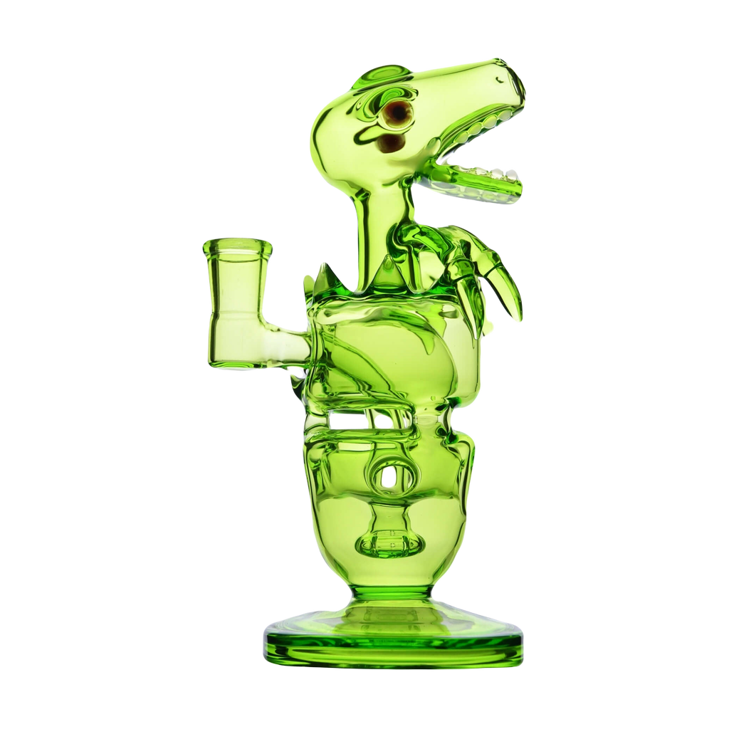 Calibear Fab Dino green glass dab rig with beaker design, 8" height, and 14mm joint - front view