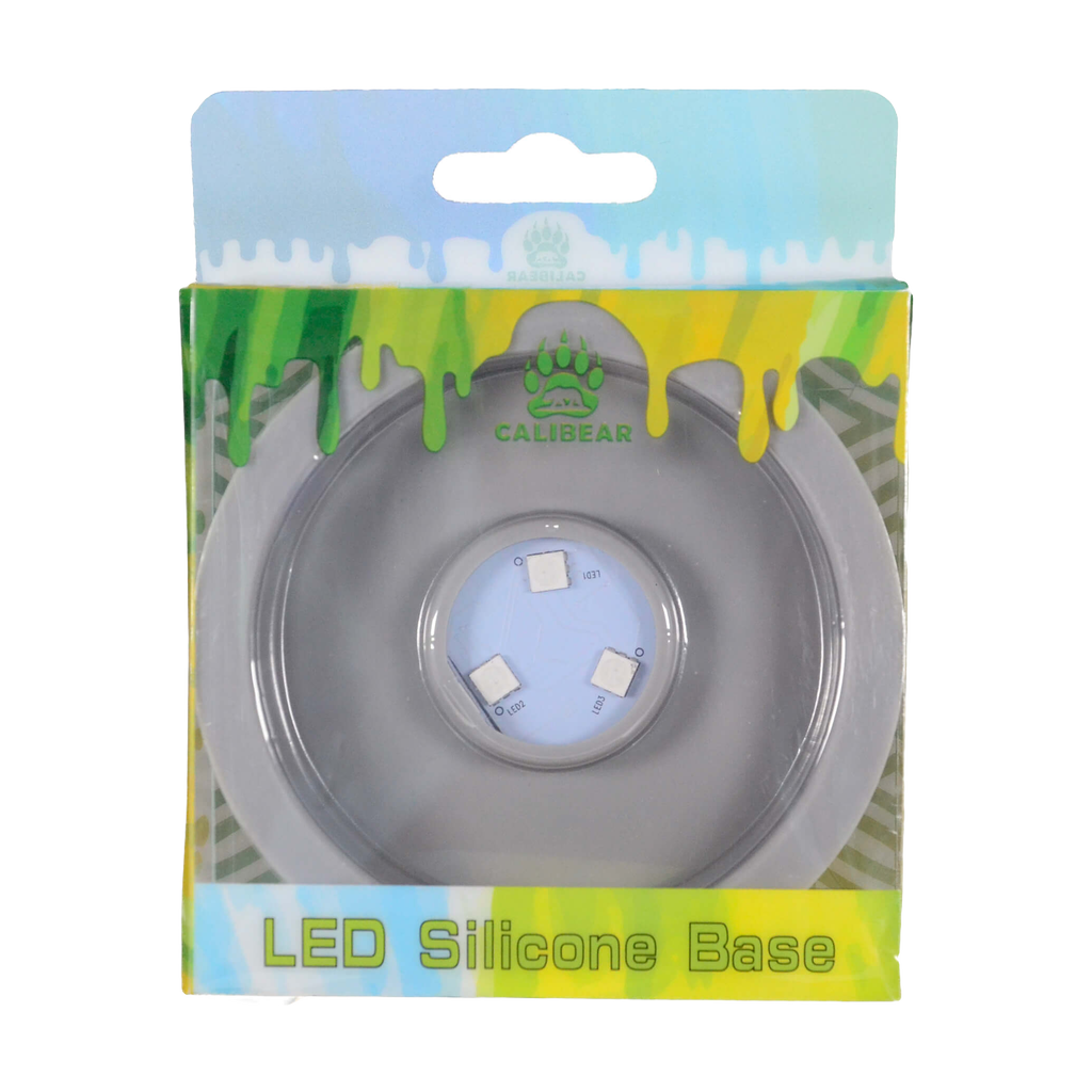 Calibear LED Silicone Base for Dab Rigs in Grey, Front View on Retail Packaging