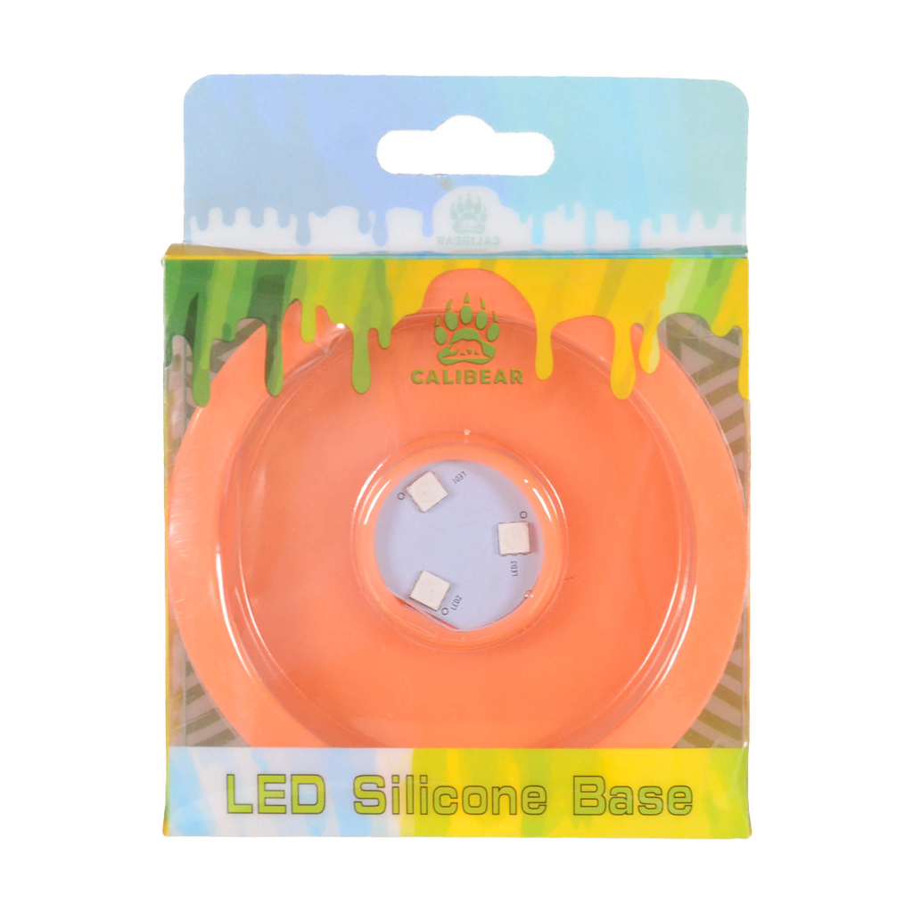 Calibear LED Silicone Base for Dab Rig in Orange, Front View on Retail Packaging